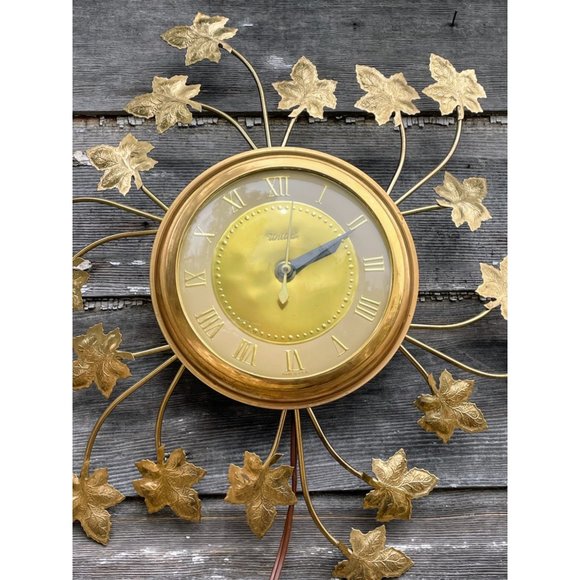 Vintage MCM United Starburst Ivy Leaves Electric wall clock Gold - Picture 11 of 14